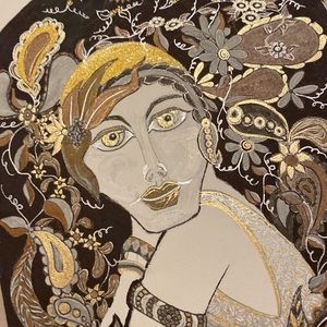 Unframed Original Art Drawing Illustration Metallic Flapper Portrait